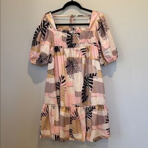 entro Pink, Neutral & Black Abstract Puff-Sleeve Mini Dress